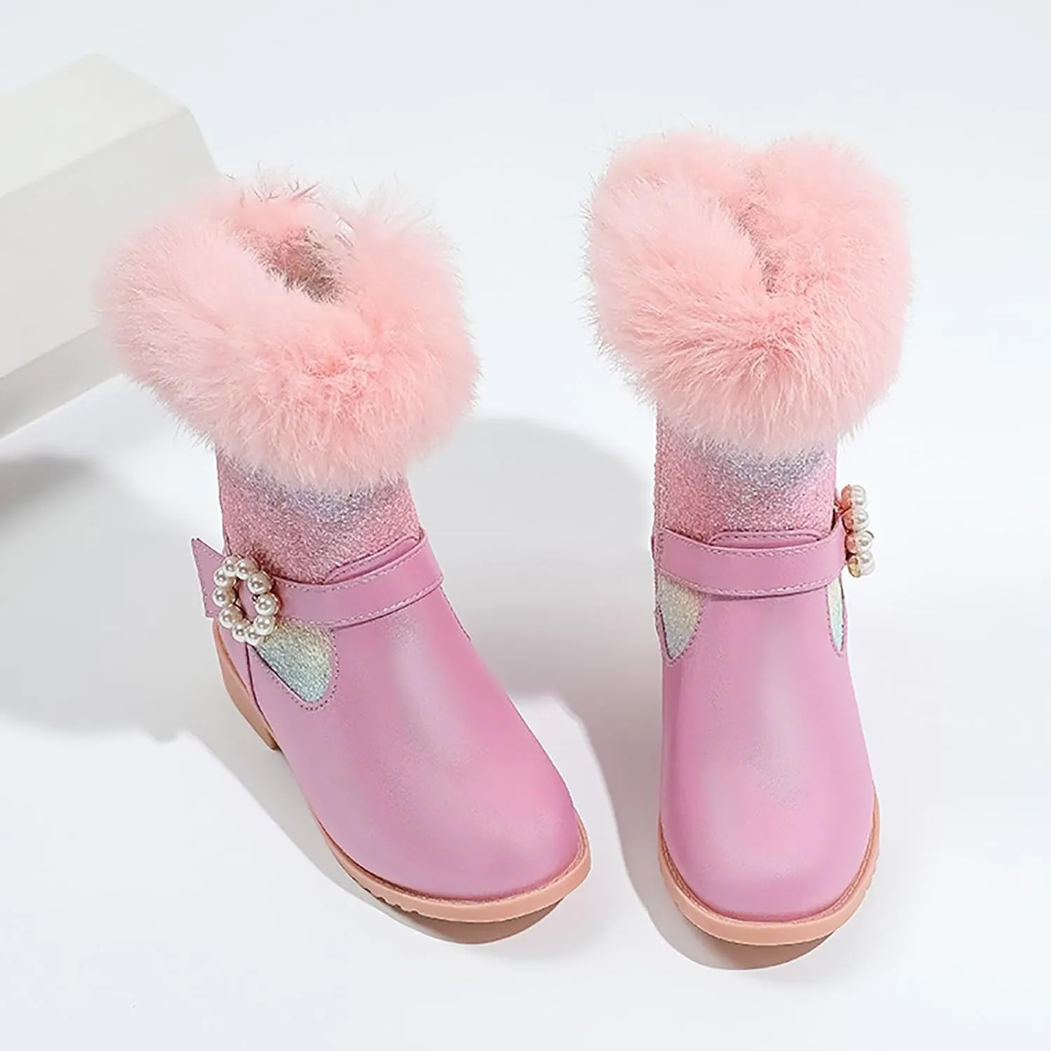 Girls Winter Low Heels Glitter Princess Boots Warm Fur Boots Rainbow Cowboy Ankle Boots Kids Party Birthday Dress Up Dance