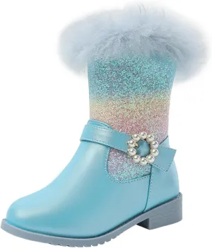 Girls Winter Low Heels Glitter Princess Boots Warm Fur Boots Rainbow Cowboy Ankle Boots Kids Party Birthday Dress Up Dance