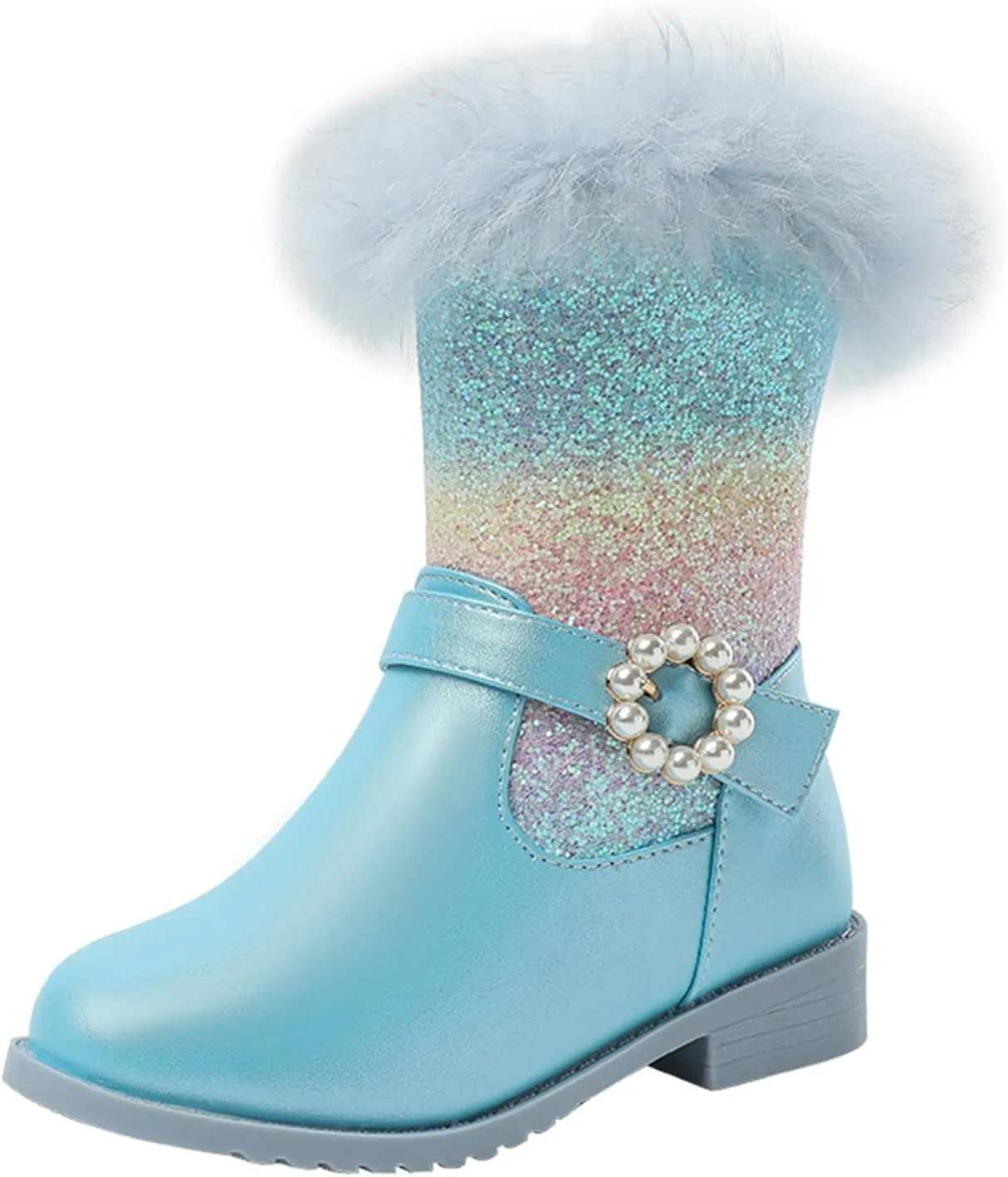 Girls Winter Low Heels Glitter Princess Boots Warm Fur Boots Rainbow Cowboy Ankle Boots Kids Party Birthday Dress Up Dance