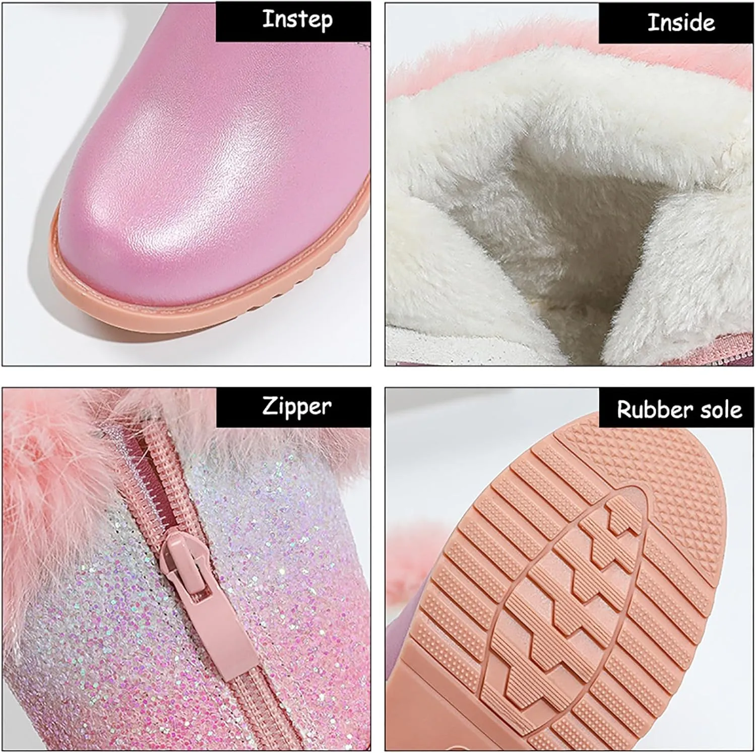 Girls Winter Low Heels Glitter Princess Boots Warm Fur Boots Rainbow Cowboy Ankle Boots Kids Party Birthday Dress Up Dance