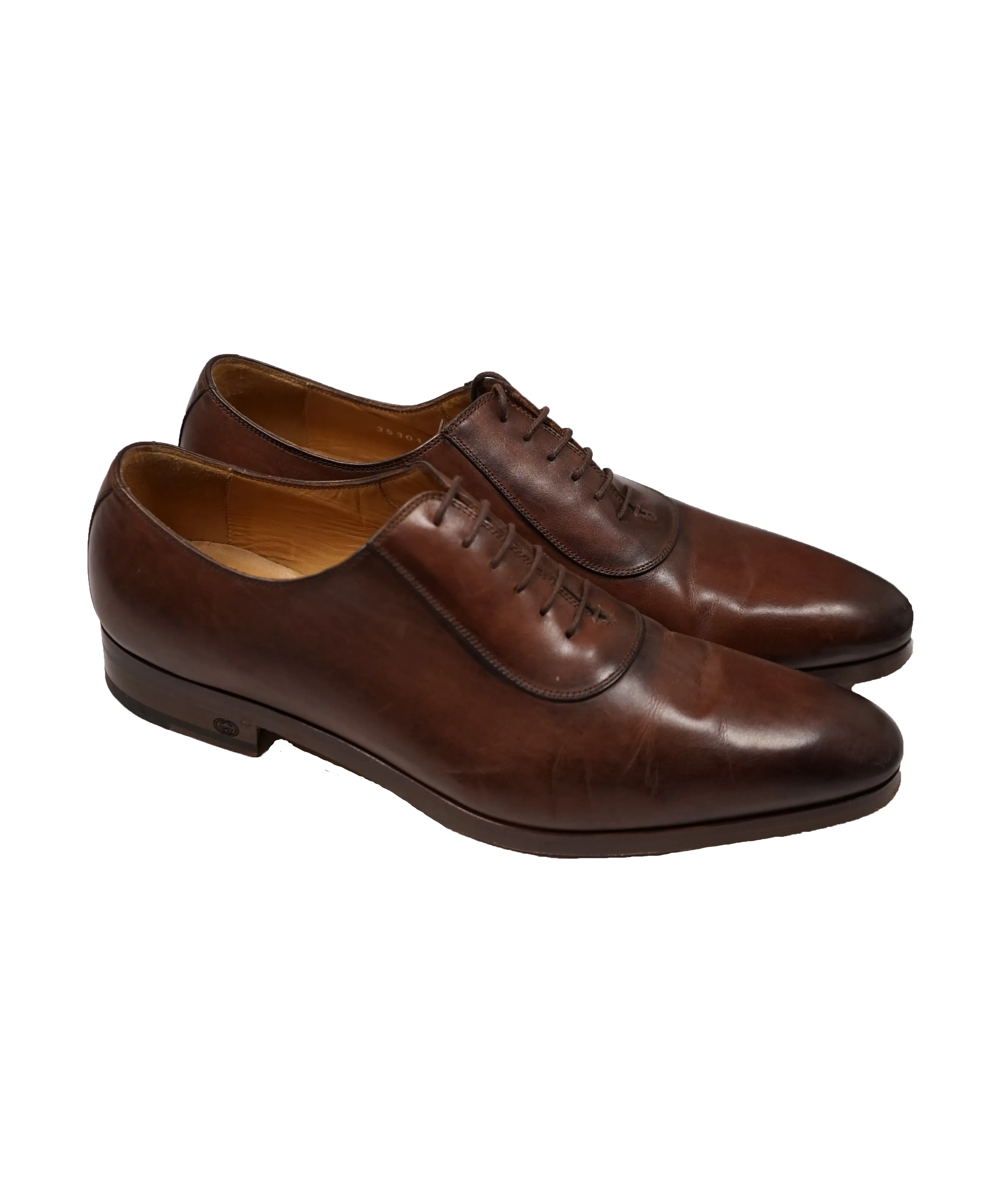 GUCCI - Brown Slim Classic Oxfords GG Heel Logo - 9