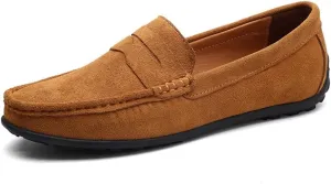 HOOENG Driving Moccasins for Men Genuine Leather Stitching Details Round Toe Suede Vamp Penny Loafer Rubber Sole Lightweight Resistant Flat Heel Walking (Color : Light Brown, Size : 8)
