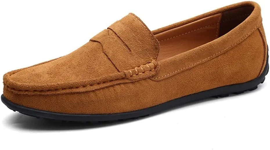 HOOENG Driving Moccasins for Men Genuine Leather Stitching Details Round Toe Suede Vamp Penny Loafer Rubber Sole Lightweight Resistant Flat Heel Walking (Color : Light Brown, Size : 8)