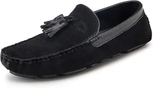 HOOENG Driving Moccasins Smoking Loafer for Men Tassel Genuine Leather Suede Vamp Round Toe Stitching Details Resistant Flexible Soft Comfortable Flat Heel (Color : Black, Size : 8)