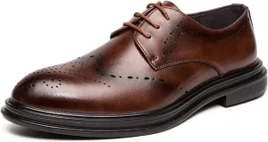 HOOENG Formal Shoes for Men Lace Up Round Burnished Toe Derby Shoes Vegan Leather Block Heel Slip Resistant Anti-Slip Low Top Non Slip Party (Color : Brown, Size : 6.5)