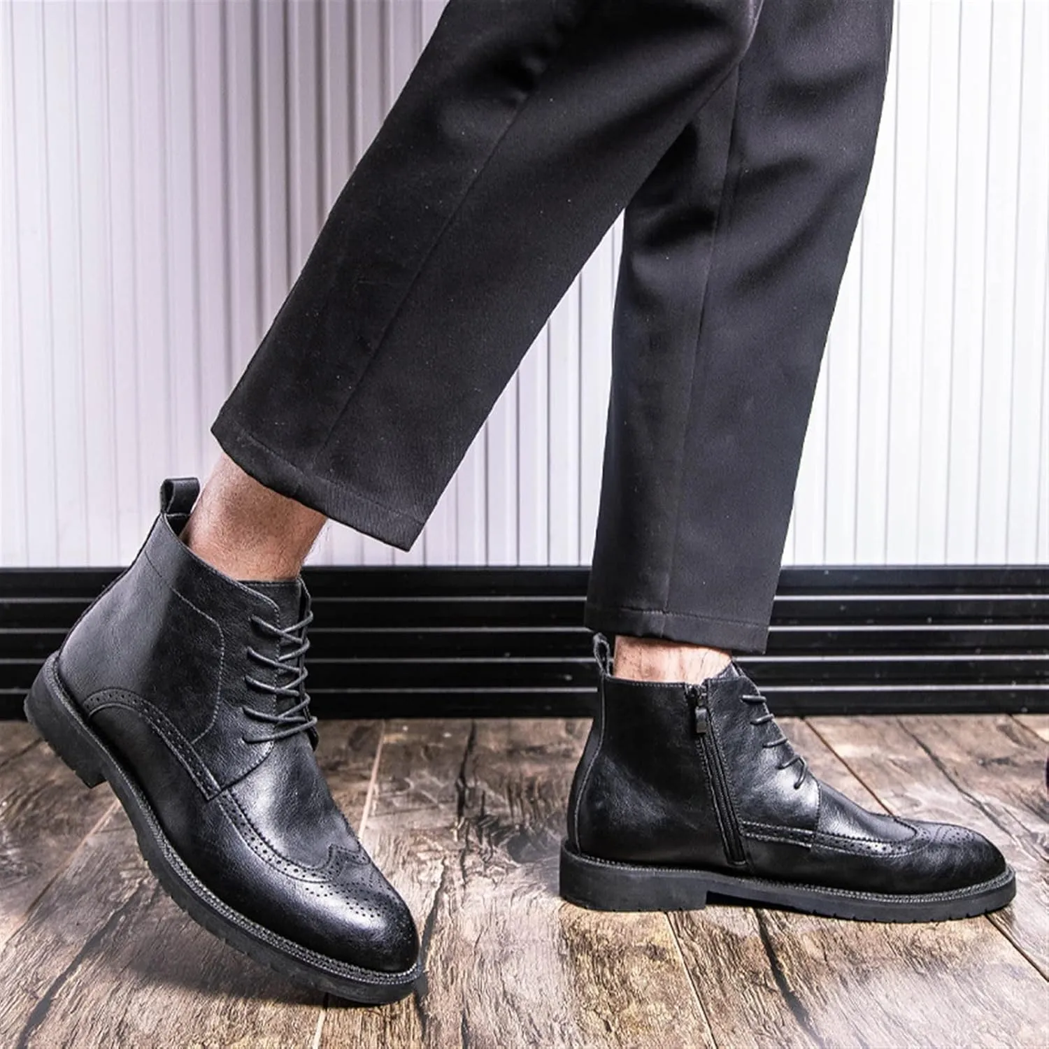 HOOENG Lace Up Round Toe Boots for Men Derby Carved Brogue Win Tip with Zipper Vegan Leather Anti-Slip Wearable Classic Formal