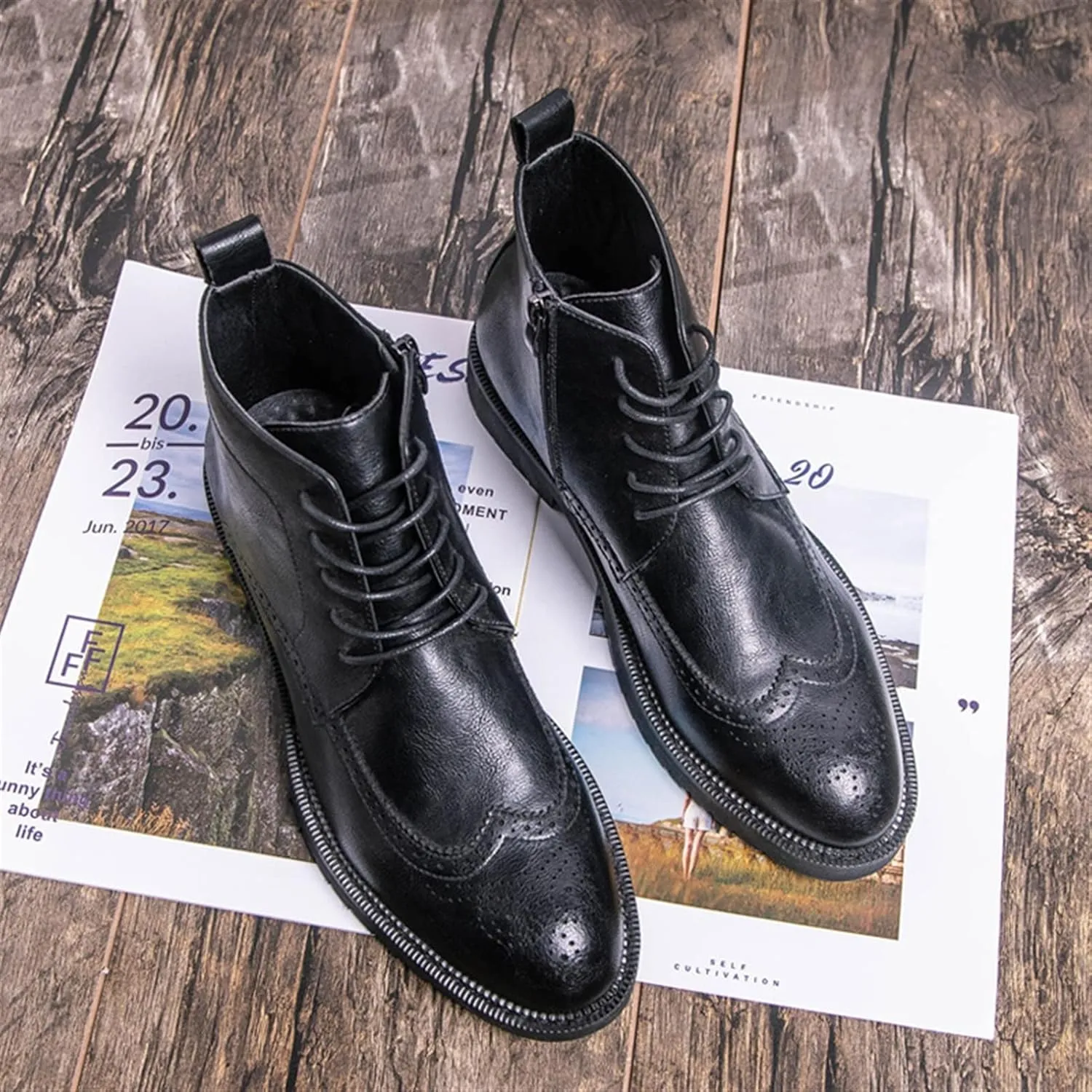 HOOENG Lace Up Round Toe Boots for Men Derby Carved Brogue Win Tip with Zipper Vegan Leather Anti-Slip Wearable Classic Formal