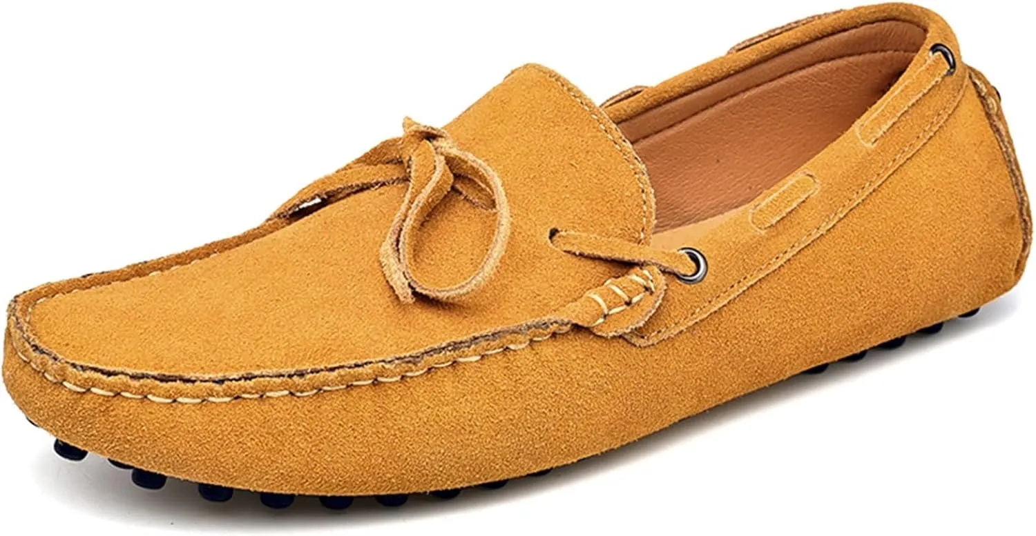 HOOENG Loafer Shoes for Men Deck Shoes 1-Eye Genuine Leather Stitching Details Suede Vamp Flat Heel Flexible Lightweight Resistant Casual Slip on (Color : Khaki, Size : 6.5)