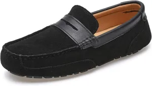 HOOENG Loafer Shoes for Men Genuine Leather Stitching Details Suede Vamp Round Toe Penny Loafer Resistant Flexible Flat Heel Soft Casual Slip on (Color : Black, Size : 7.5)