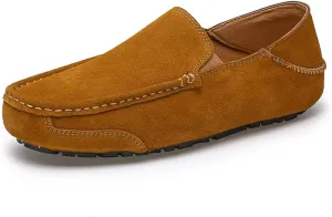 HOOENG Smoking Loafer for Men Genuine Leather Suede Vamp Round Toe Stitching Details Flexible Soft Flat Heel Resistant Comfortable Casual Slip on (Color : Yellow, Size : 7.5)