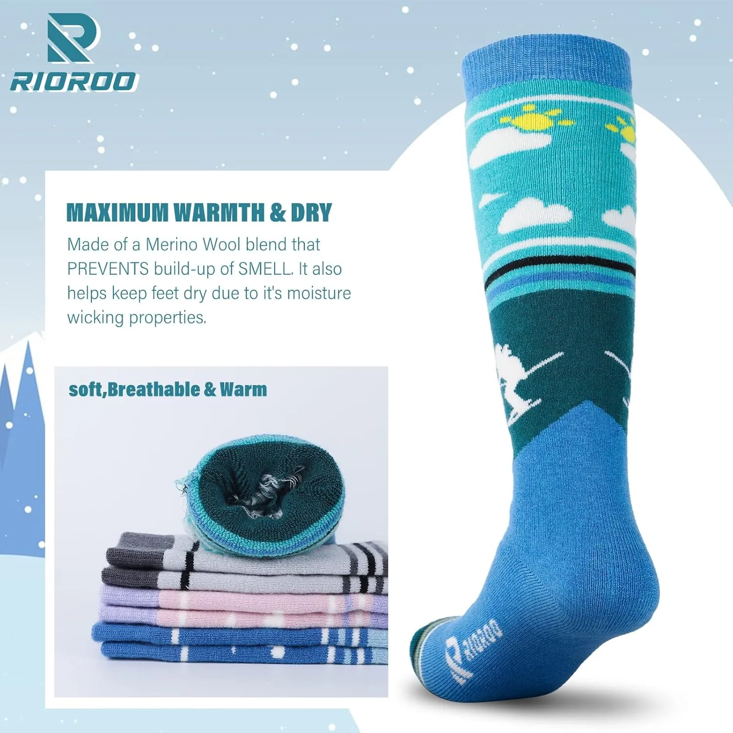 Kids Ski Socks Merino Wool, 2/3 Pairs Winter Warm Thermal Socks, Skiing Snowboarding Socks for Toddler Boys and Girls