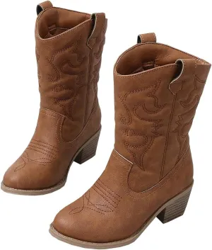 Low Heel Cowgirl Cowboy Western Boots Girls Mid Calf Riding Shoes