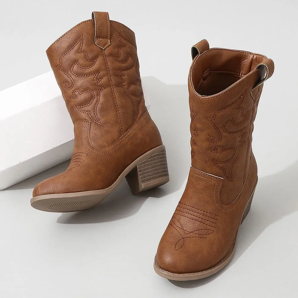 Low Heel Cowgirl Cowboy Western Boots Girls Mid Calf Riding Shoes