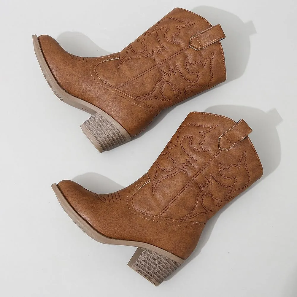 Low Heel Cowgirl Cowboy Western Boots Girls Mid Calf Riding Shoes