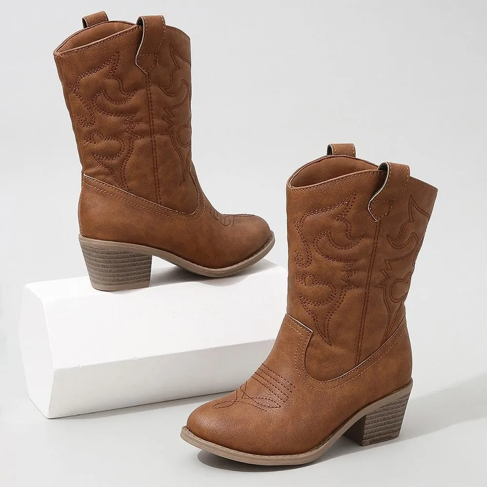Low Heel Cowgirl Cowboy Western Boots Girls Mid Calf Riding Shoes