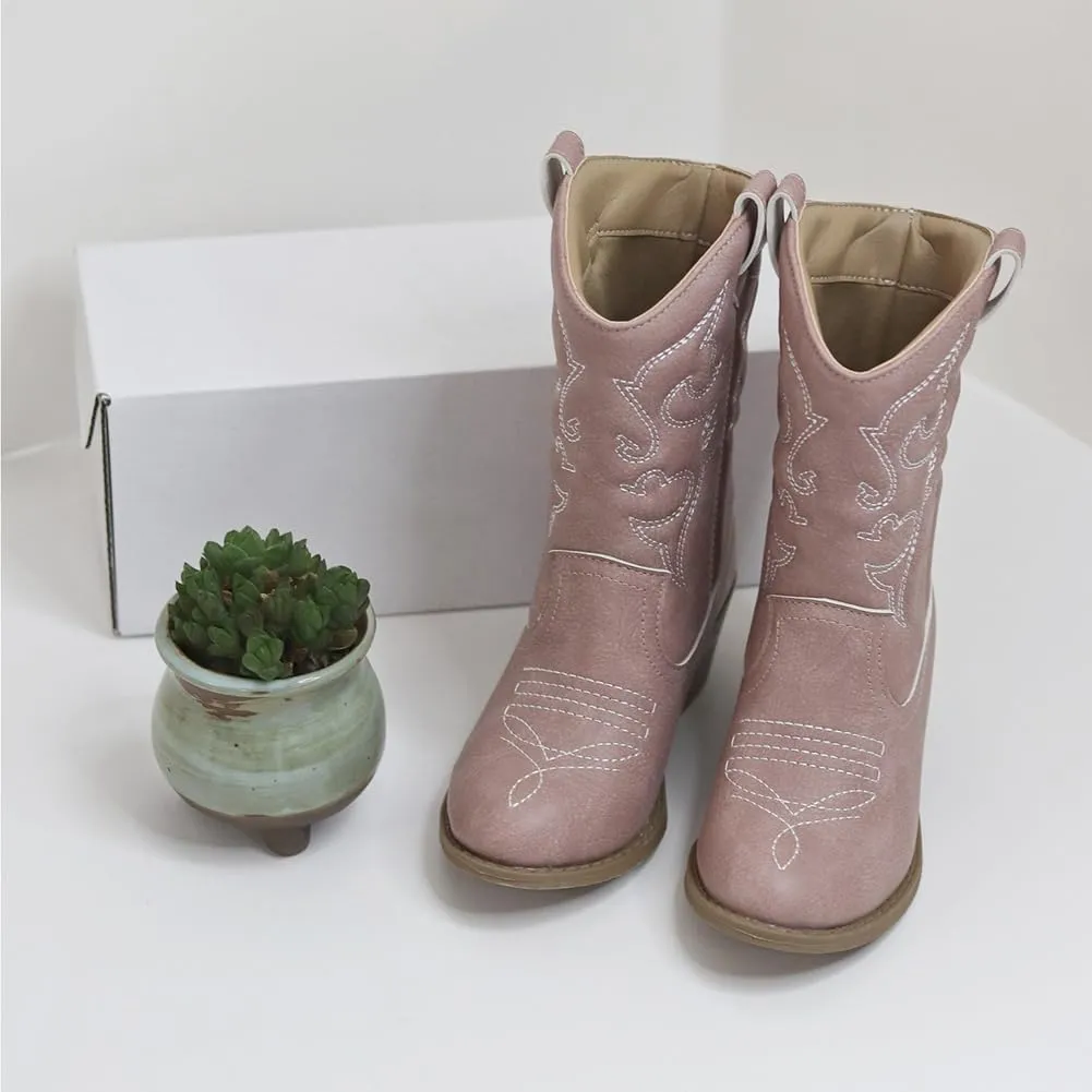 Low Heel Cowgirl Cowboy Western Boots Girls Mid Calf Riding Shoes