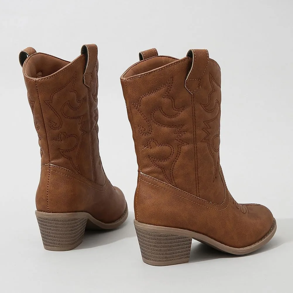 Low Heel Cowgirl Cowboy Western Boots Girls Mid Calf Riding Shoes