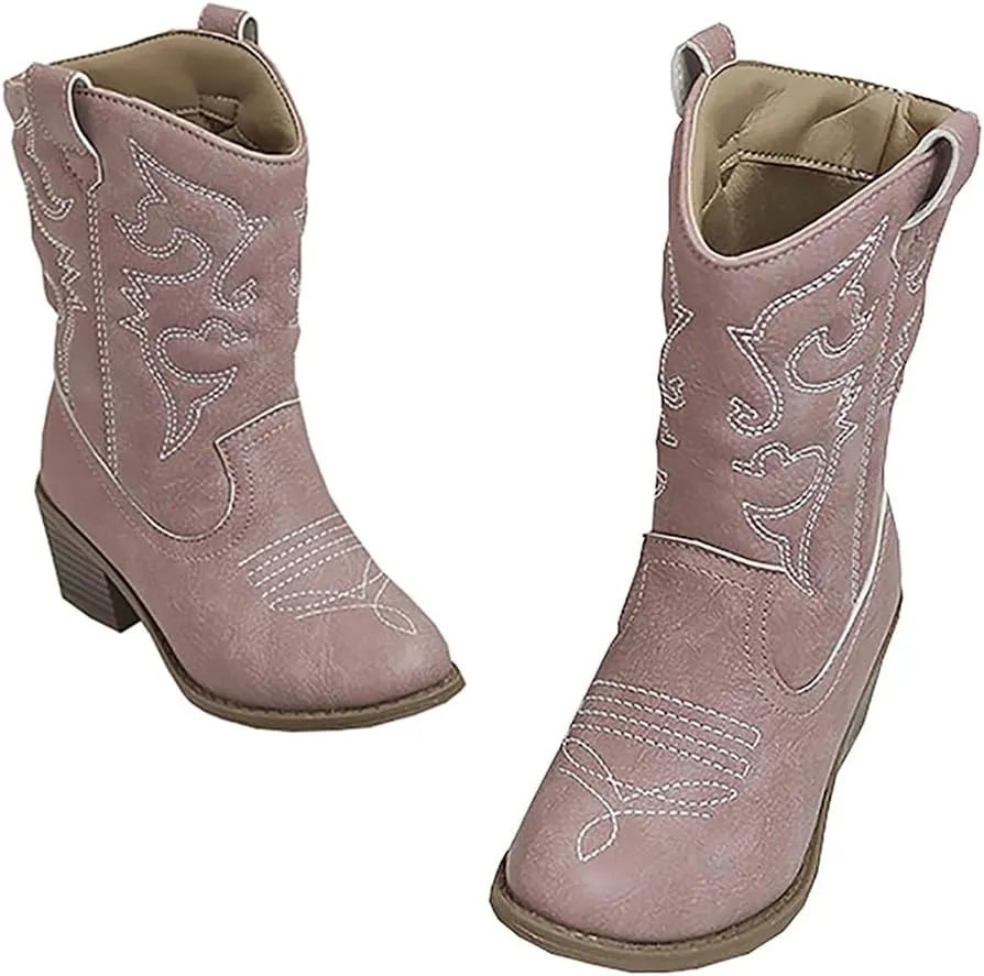Low Heel Cowgirl Cowboy Western Boots Girls Mid Calf Riding Shoes