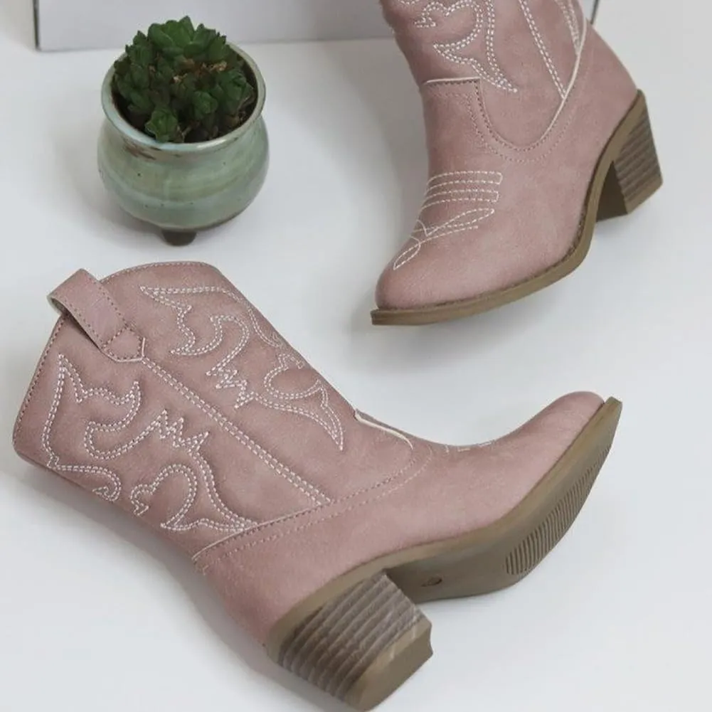 Low Heel Cowgirl Cowboy Western Boots Girls Mid Calf Riding Shoes