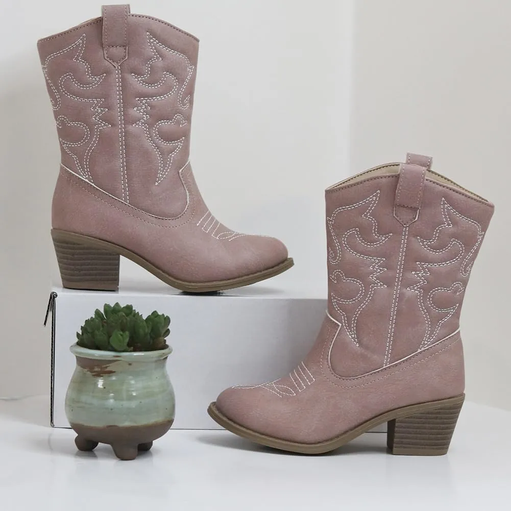 Low Heel Cowgirl Cowboy Western Boots Girls Mid Calf Riding Shoes