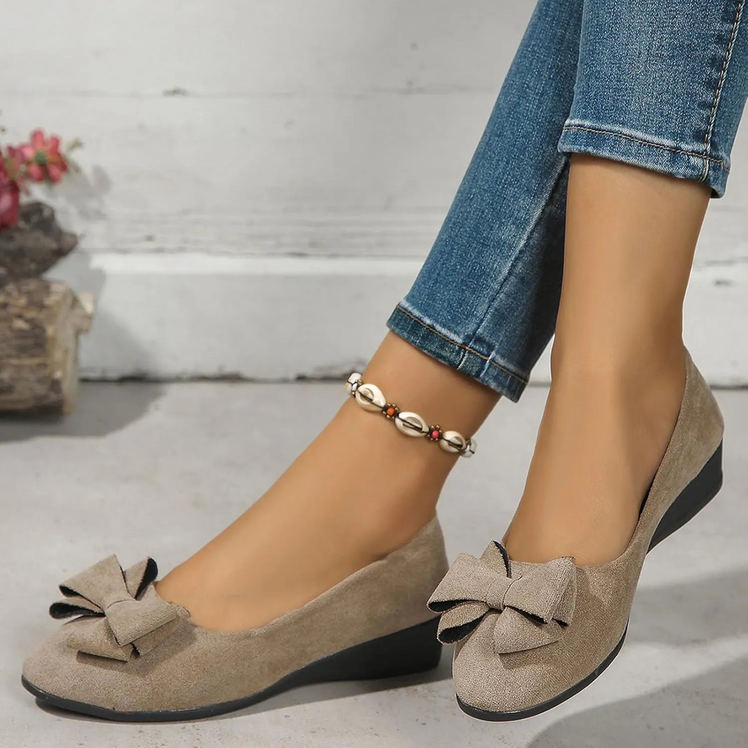 Low Wedges Sandals for Women Round Toe Bow Dress Comfortable Shoes Flats Slip On Wedding Party Outdoor Work Footwear