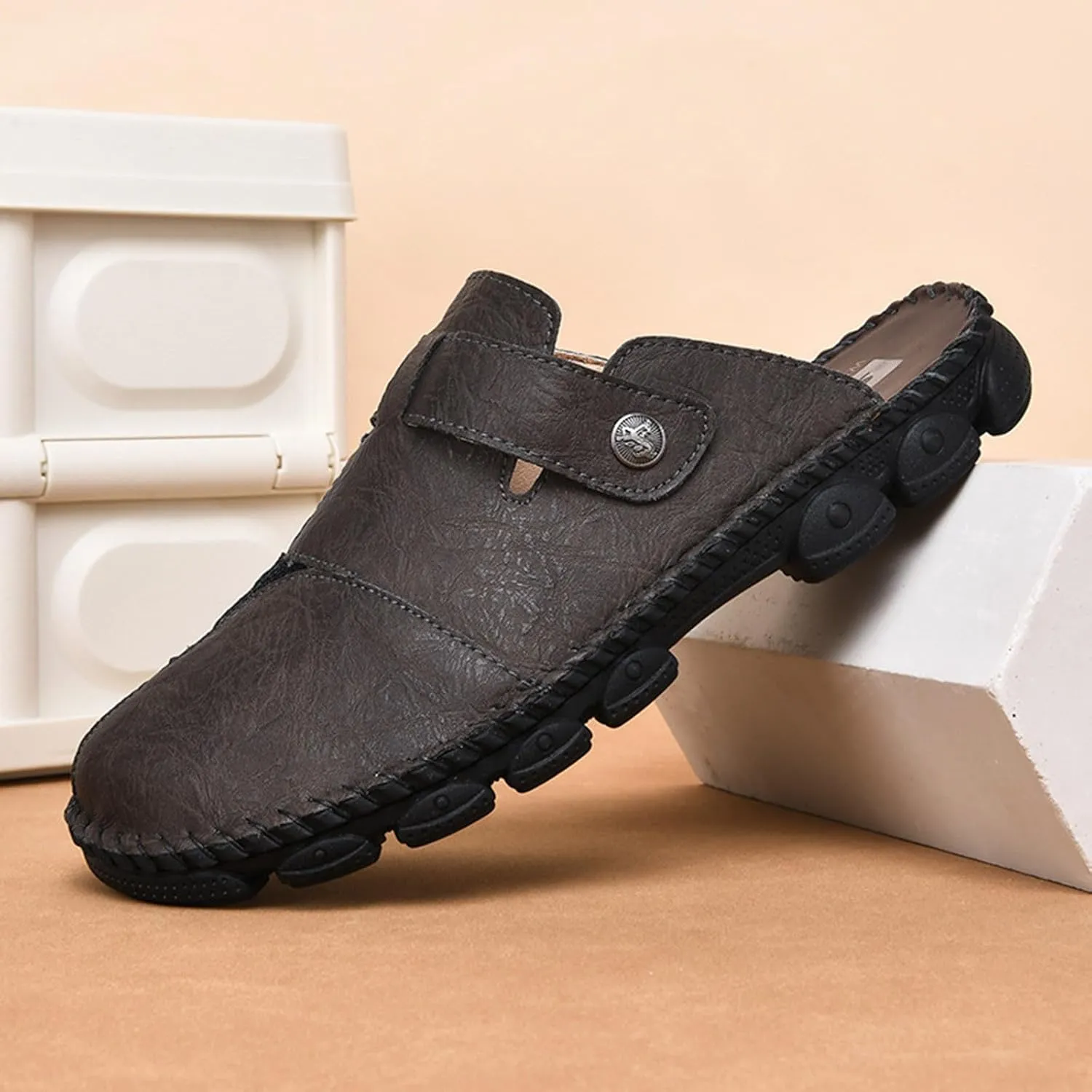 Men Mules Slip on Flats Shoes Casual Closed Toe Suede Backless Loafers Comfy Lightweight Dressy Footwear