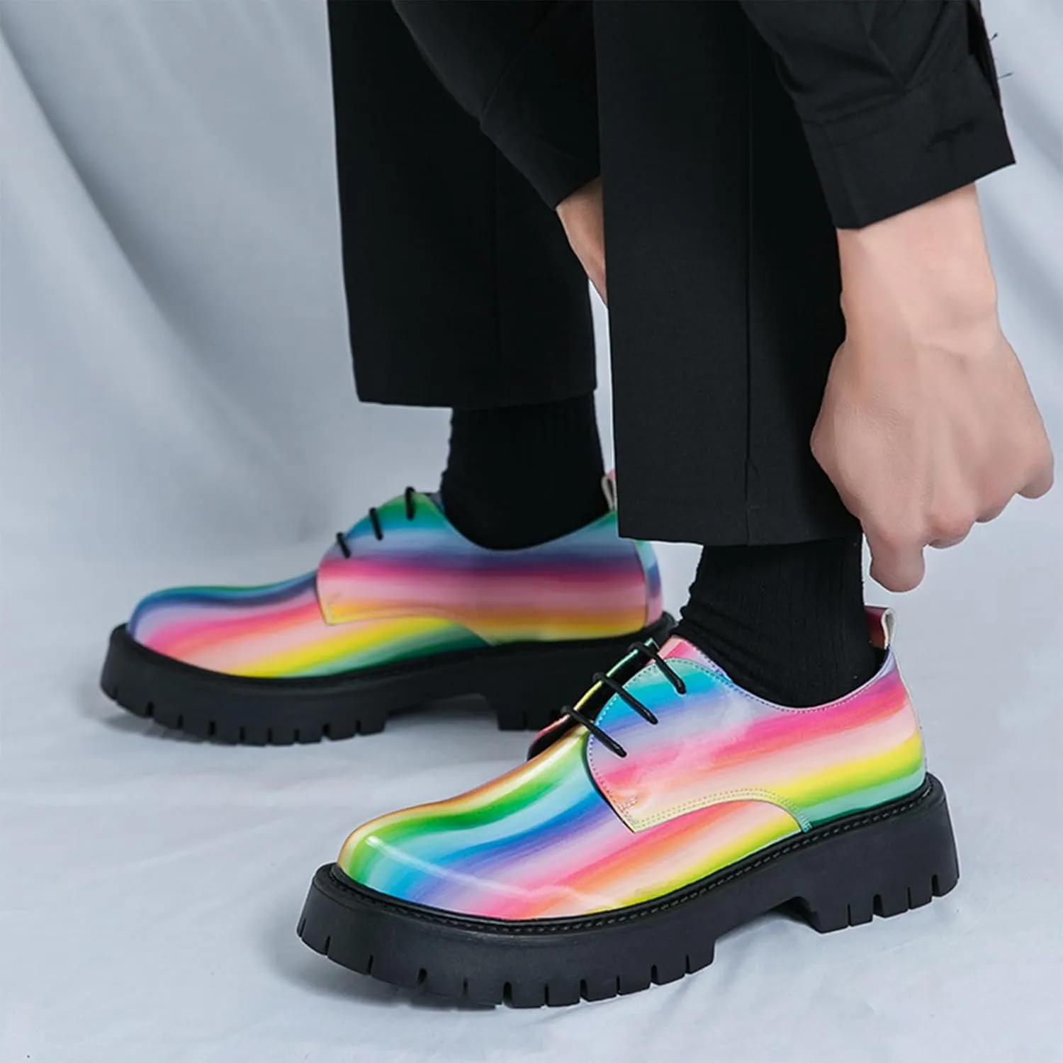Men's Rainbow Lace Up Lug Sole Platform Oxfords Classic Round Toe Comfort Chunky Heel Anti-Slip Derby Casual Shoes for Business Work Office Dress Shoes