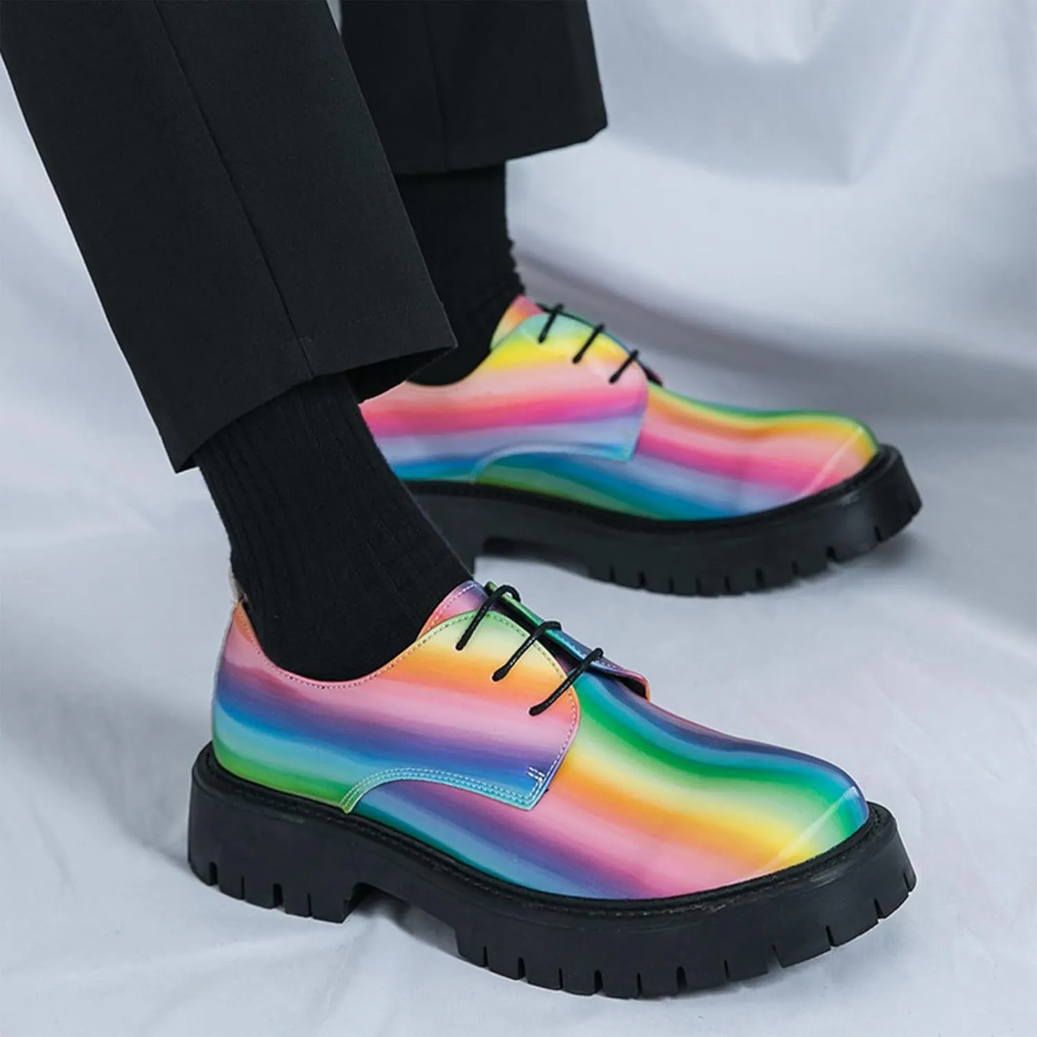 Men's Rainbow Lace Up Lug Sole Platform Oxfords Classic Round Toe Comfort Chunky Heel Anti-Slip Derby Casual Shoes for Business Work Office Dress Shoes