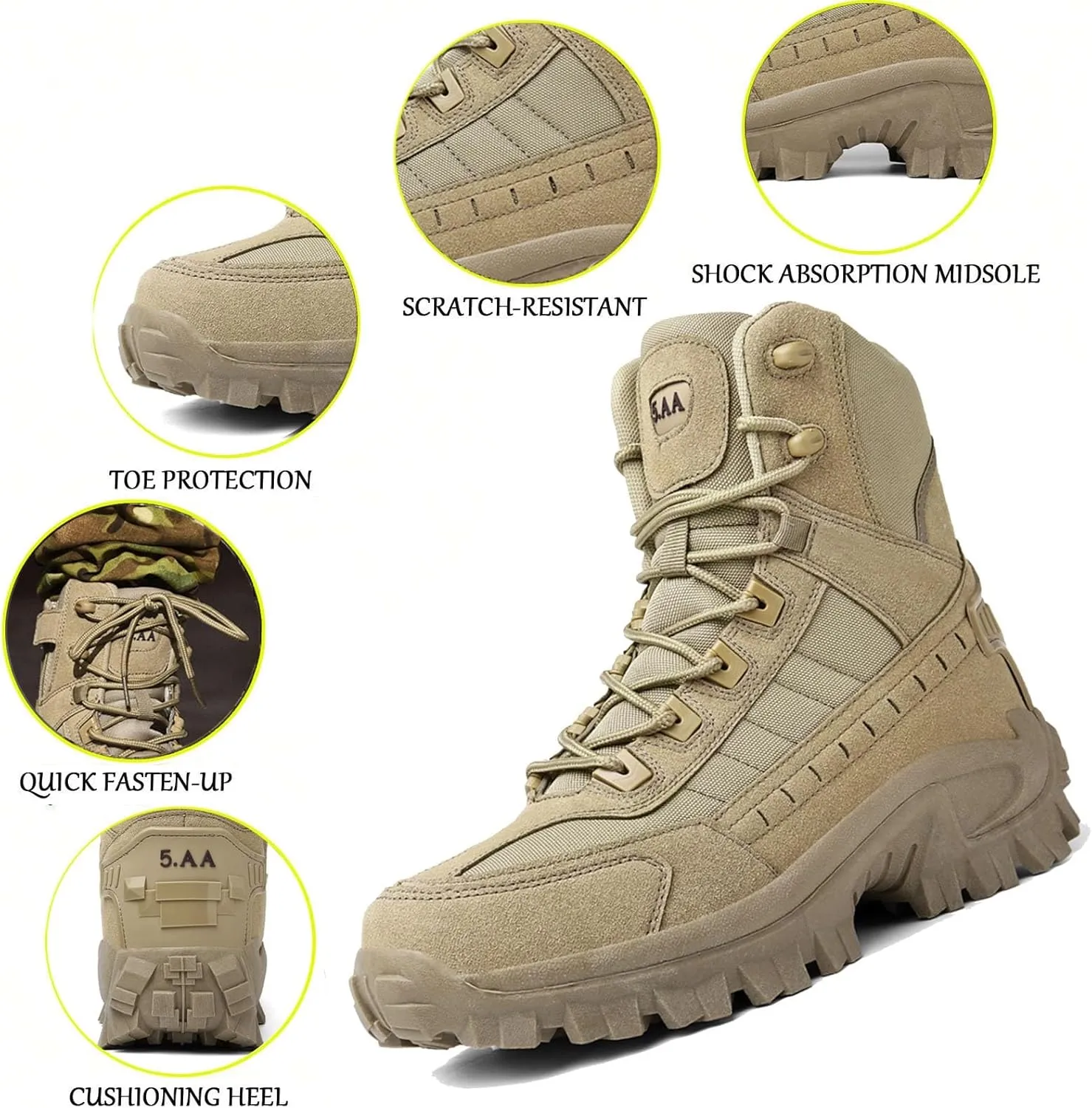 Men's Tactical Boots with Side Zipper, Waterproof Military Combat Boots, Lightweight Comfortable Hiking and Outdoor Boots