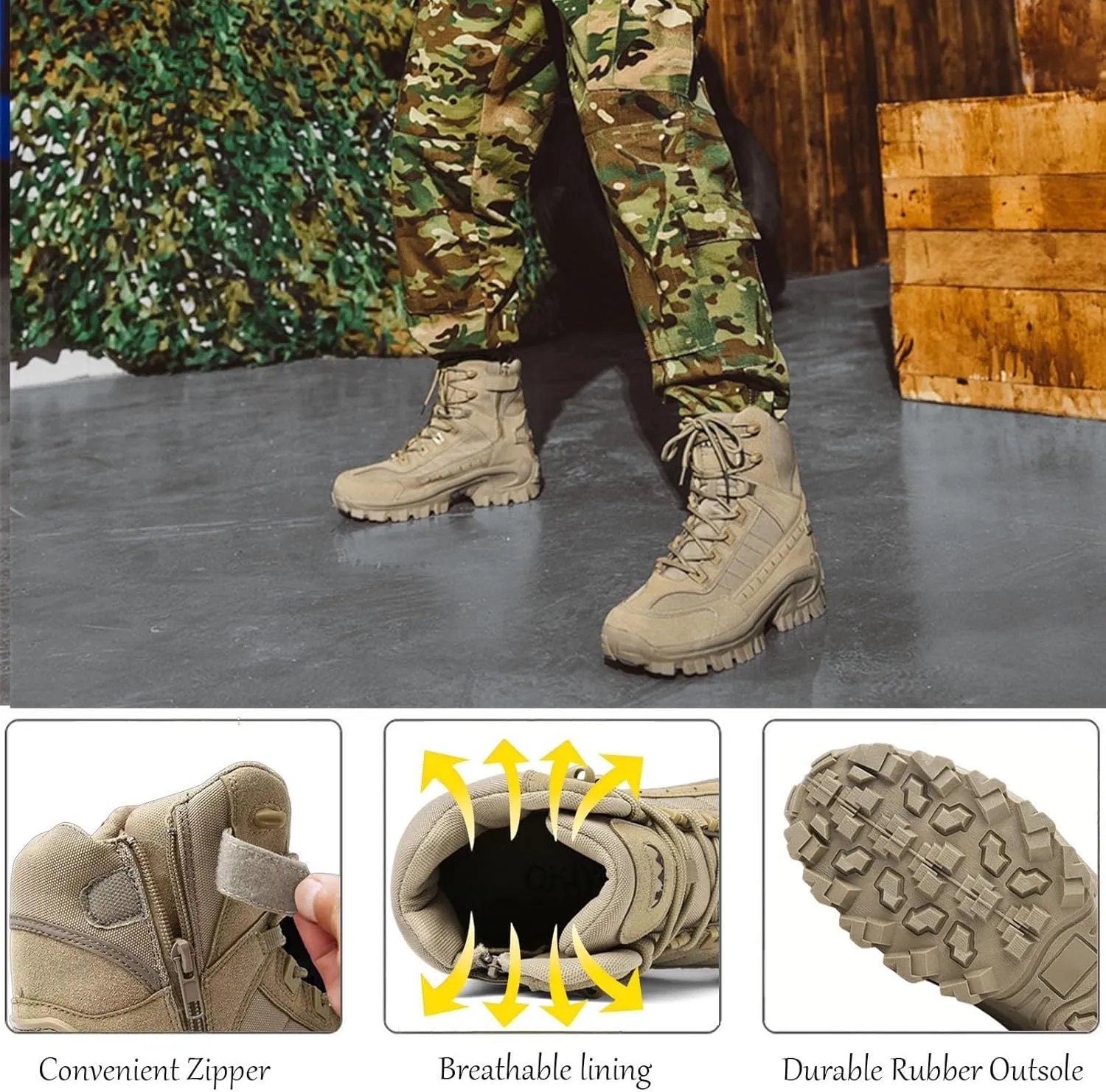 Men's Tactical Boots with Side Zipper, Waterproof Military Combat Boots, Lightweight Comfortable Hiking and Outdoor Boots