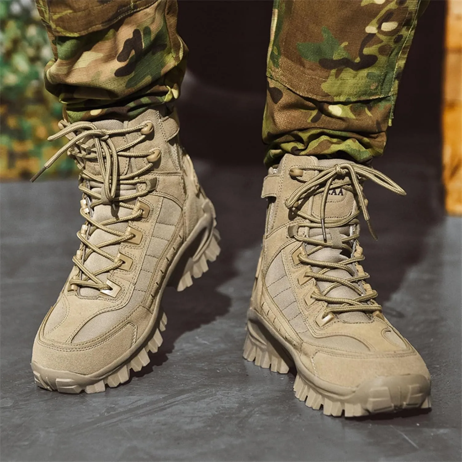 Men's Tactical Boots with Side Zipper, Waterproof Military Combat Boots, Lightweight Comfortable Hiking and Outdoor Boots