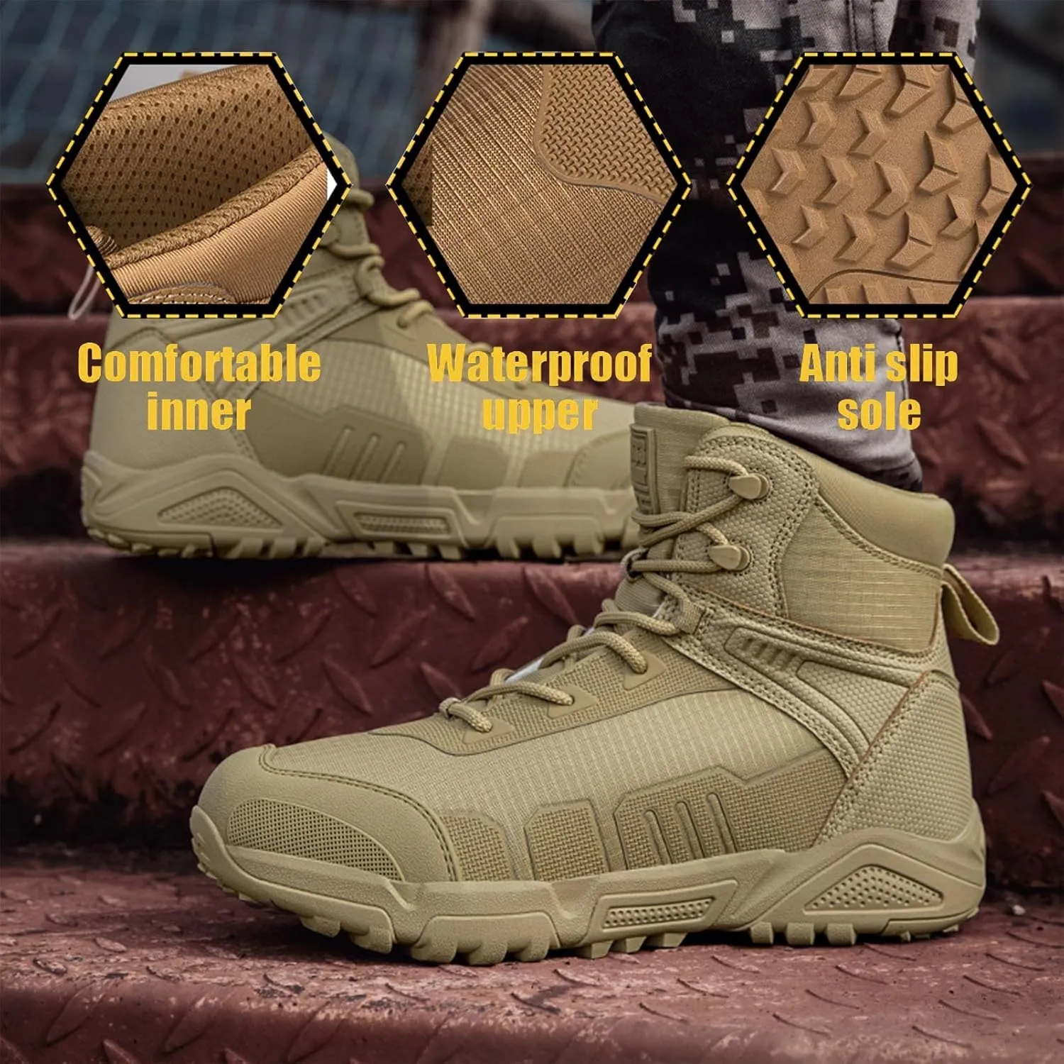 Mens Tactical Combat Boots | Waterproof, Lightweight, Slip-Resistant Hiking Boots for Outdoor, Work, and Military Use