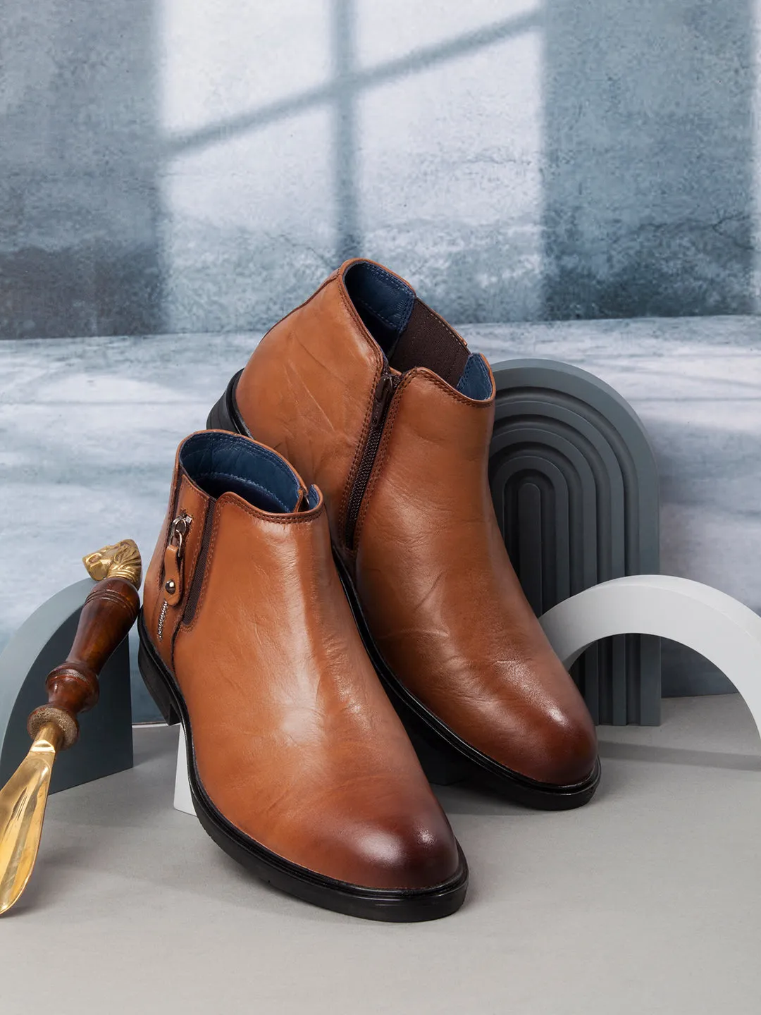Men's Tan Round Toe Casual Slip On Boots (ID2273)