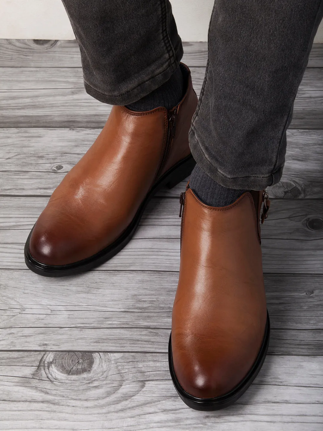 Men's Tan Round Toe Casual Slip On Boots (ID2273)