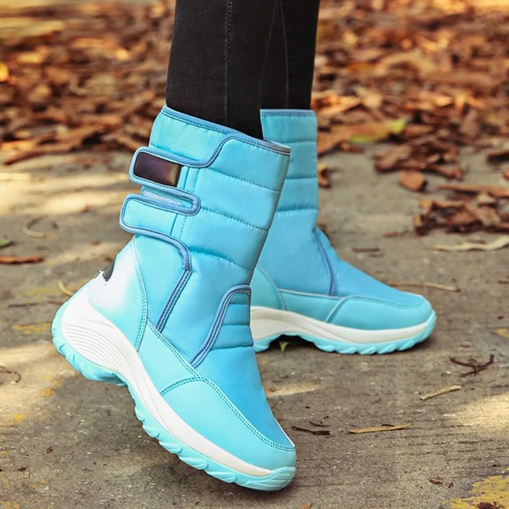 MIOKE Women's Waterproof Rain Snow Boots Winter Mid Wide Calf Platform Hook-and-Loop Fashion Ski Snow Boot