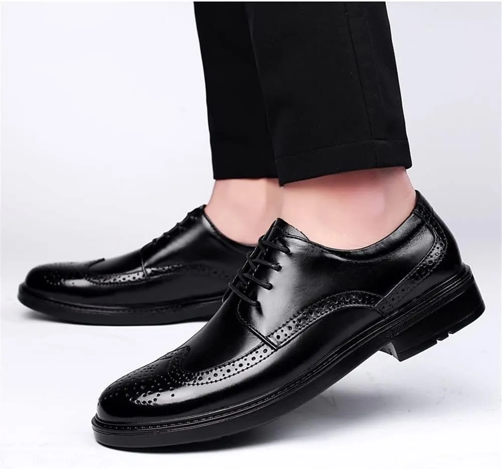 New Oxford Shoes for Men Lace Up Burnished Toe Brogue Embossed Wing tip Derby Shoes Rubber Sole Block Heel Anti-Slip Non Slip Low Top Business