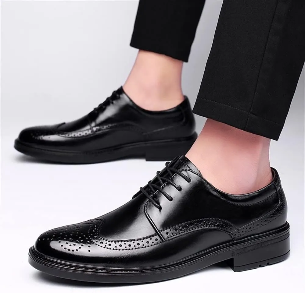 New Oxford Shoes for Men Lace Up Burnished Toe Brogue Embossed Wing tip Derby Shoes Rubber Sole Block Heel Anti-Slip Non Slip Low Top Business
