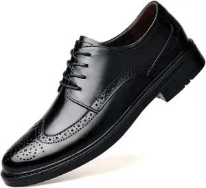 New Oxford Shoes for Men Lace Up Burnished Toe Brogue Embossed Wing tip Derby Shoes Rubber Sole Block Heel Anti-Slip Non Slip Low Top Business