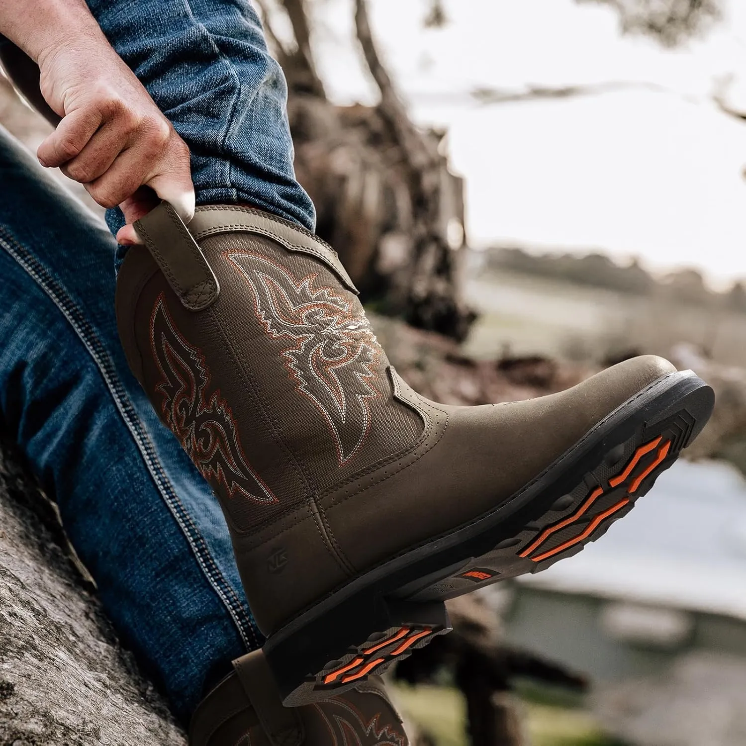 NINGO Men's Cowboy Boots Square Steel Toe, Full-Grain Leather & Oxford Splicing, Non-Slip Western Comfortable Work Boots with EH Protection, for Construction, Farming and Outdoor Work
