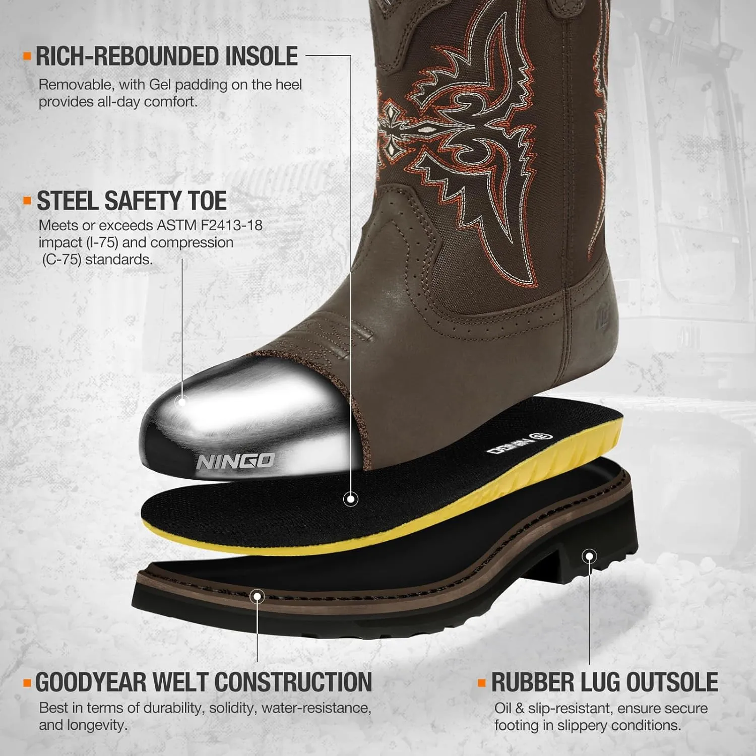NINGO Men's Cowboy Boots Square Steel Toe, Full-Grain Leather & Oxford Splicing, Non-Slip Western Comfortable Work Boots with EH Protection, for Construction, Farming and Outdoor Work