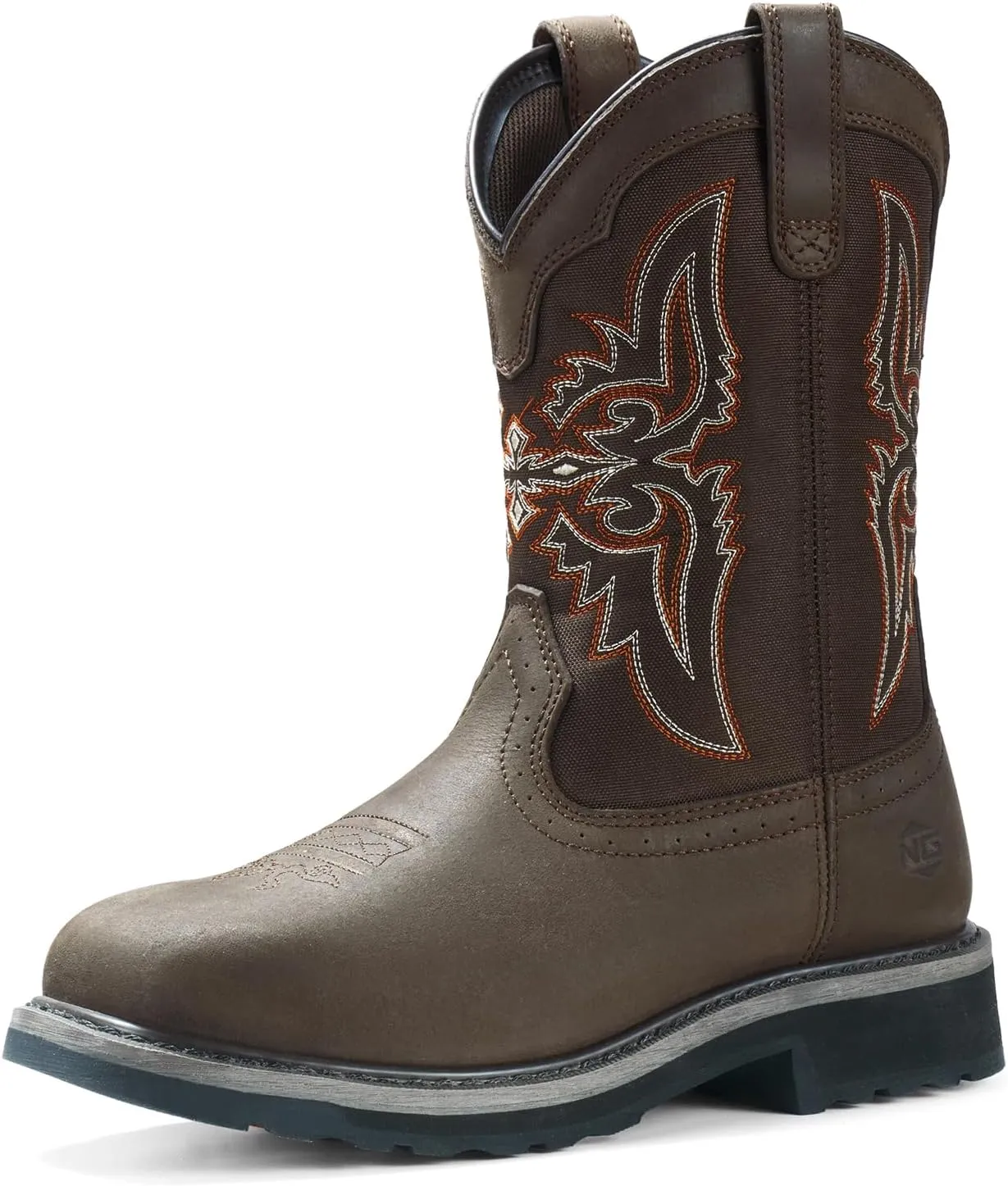 NINGO Men's Cowboy Boots Square Steel Toe, Full-Grain Leather & Oxford Splicing, Non-Slip Western Comfortable Work Boots with EH Protection, for Construction, Farming and Outdoor Work