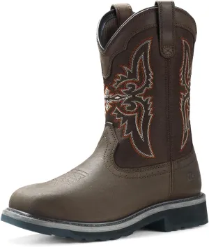 NINGO Men's Cowboy Boots Square Steel Toe, Full-Grain Leather & Oxford Splicing, Non-Slip Western Comfortable Work Boots with EH Protection, for Construction, Farming and Outdoor Work