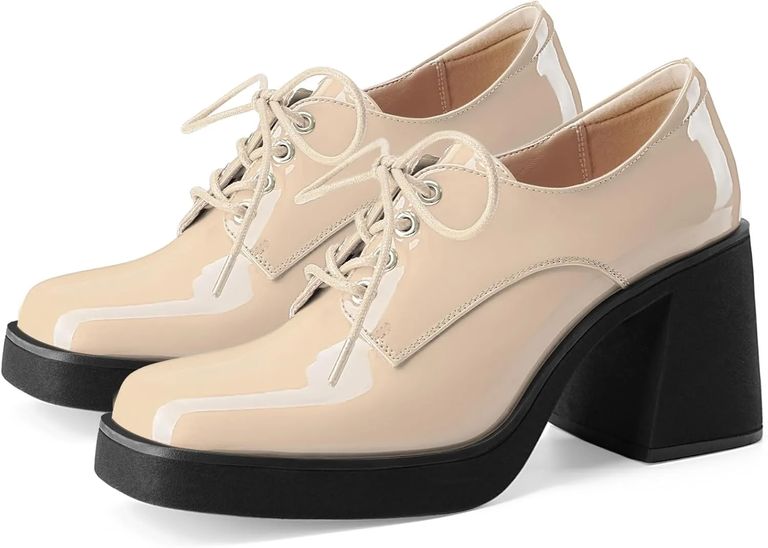 Oh Mispares Women's Chunky Heeled Oxfords Square Toe Platform Oxford Shoes for Women Lace-up Patent Leather Shoes Comfortable Business Dress Pump Shoes for Work
