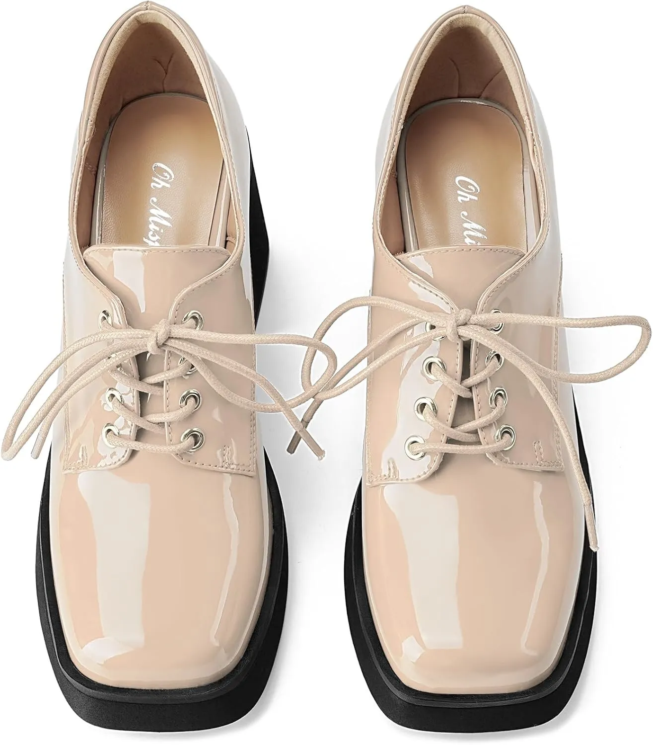 Oh Mispares Women's Chunky Heeled Oxfords Square Toe Platform Oxford Shoes for Women Lace-up Patent Leather Shoes Comfortable Business Dress Pump Shoes for Work
