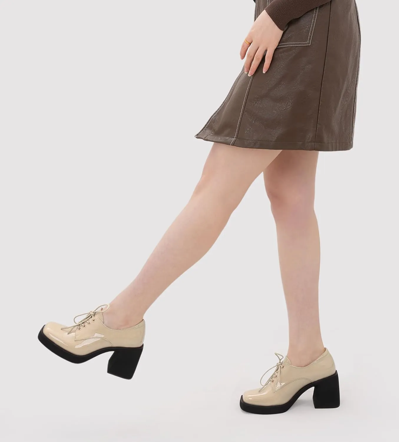 Oh Mispares Women's Chunky Heeled Oxfords Square Toe Platform Oxford Shoes for Women Lace-up Patent Leather Shoes Comfortable Business Dress Pump Shoes for Work
