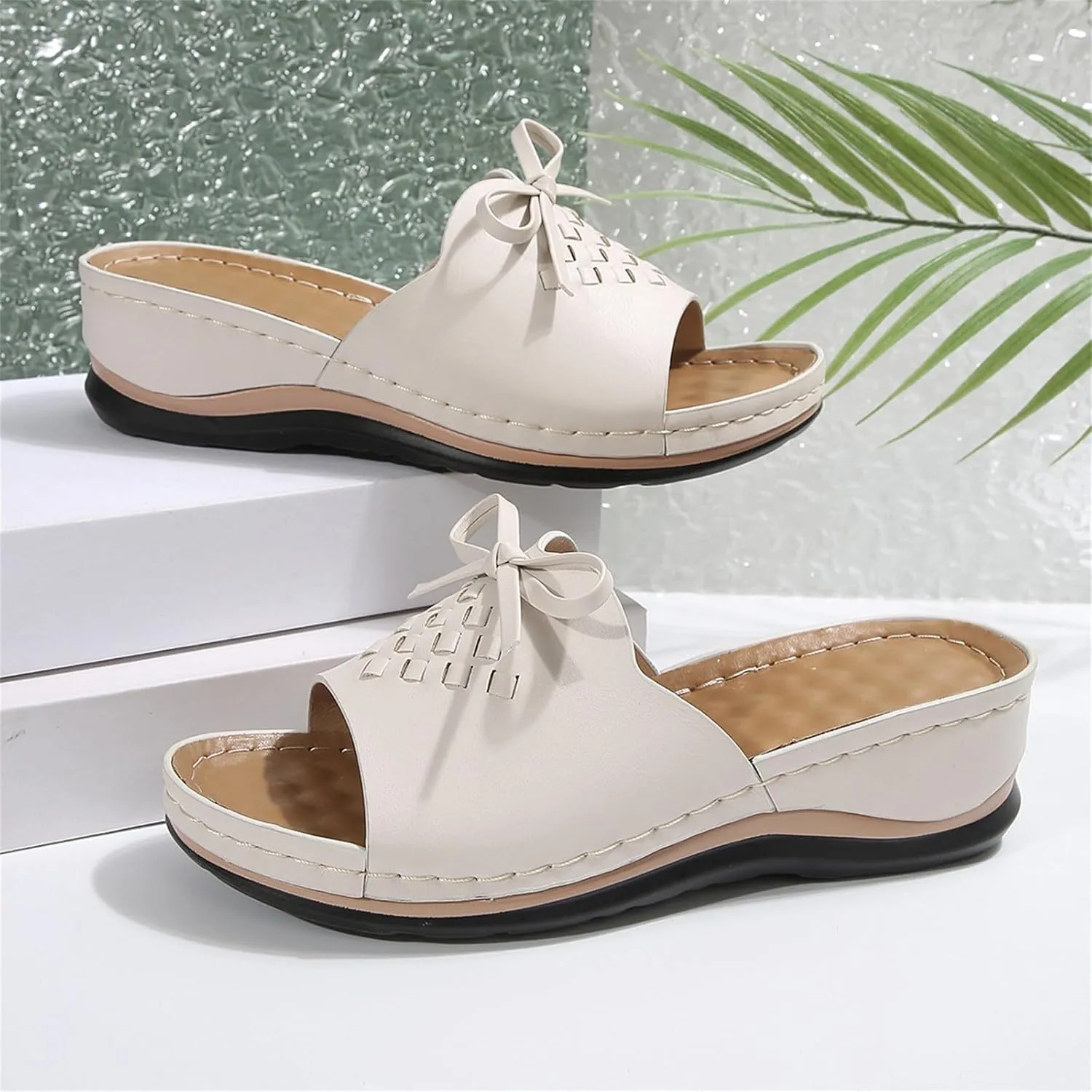 Orthopedic Sandals for Women Arch Support Open Toe Sandals Bow Decoration Anti Slip Slippers Dressy Summer Shoes for Walking Beach Footwear Low Platform Wedge Slingback Sandal