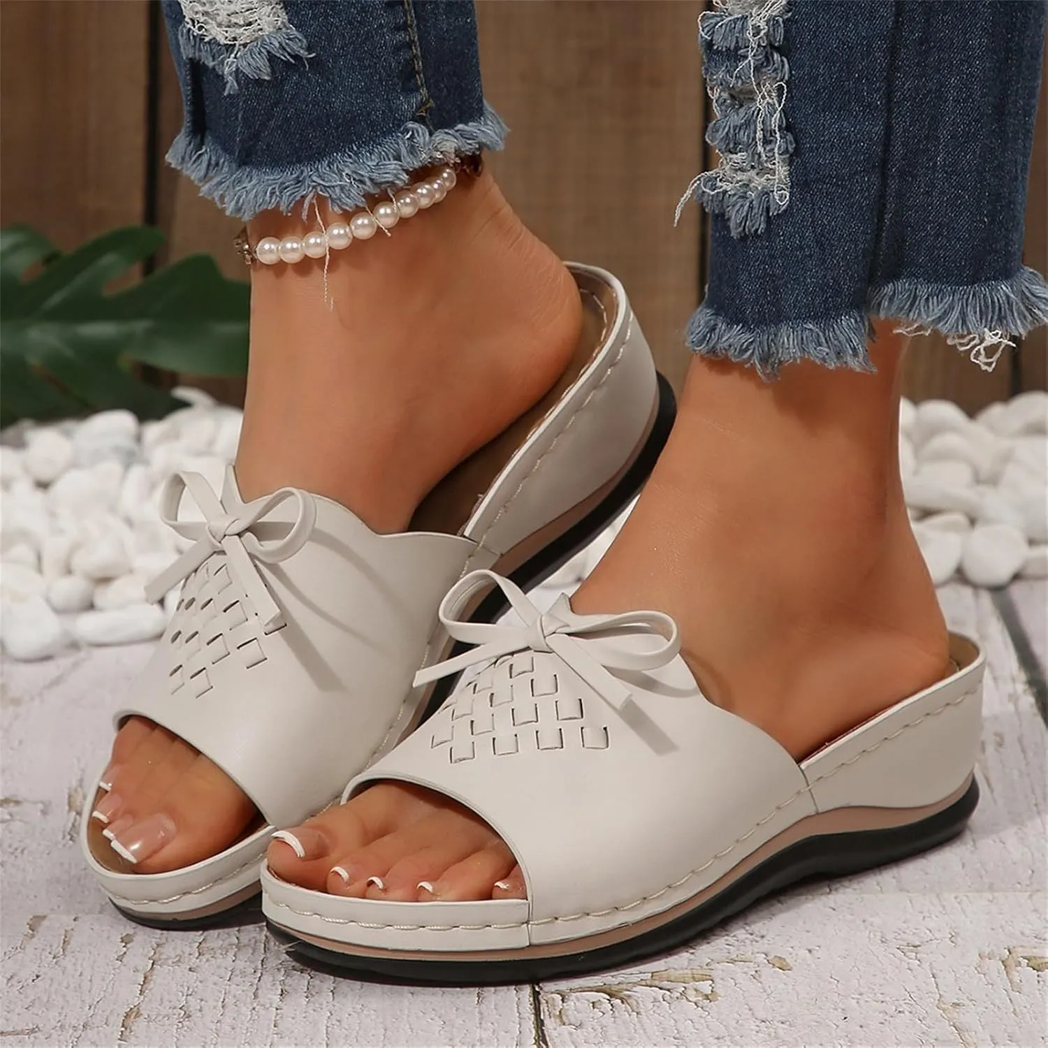 Orthopedic Sandals for Women Arch Support Open Toe Sandals Bow Decoration Anti Slip Slippers Dressy Summer Shoes for Walking Beach Footwear Low Platform Wedge Slingback Sandal
