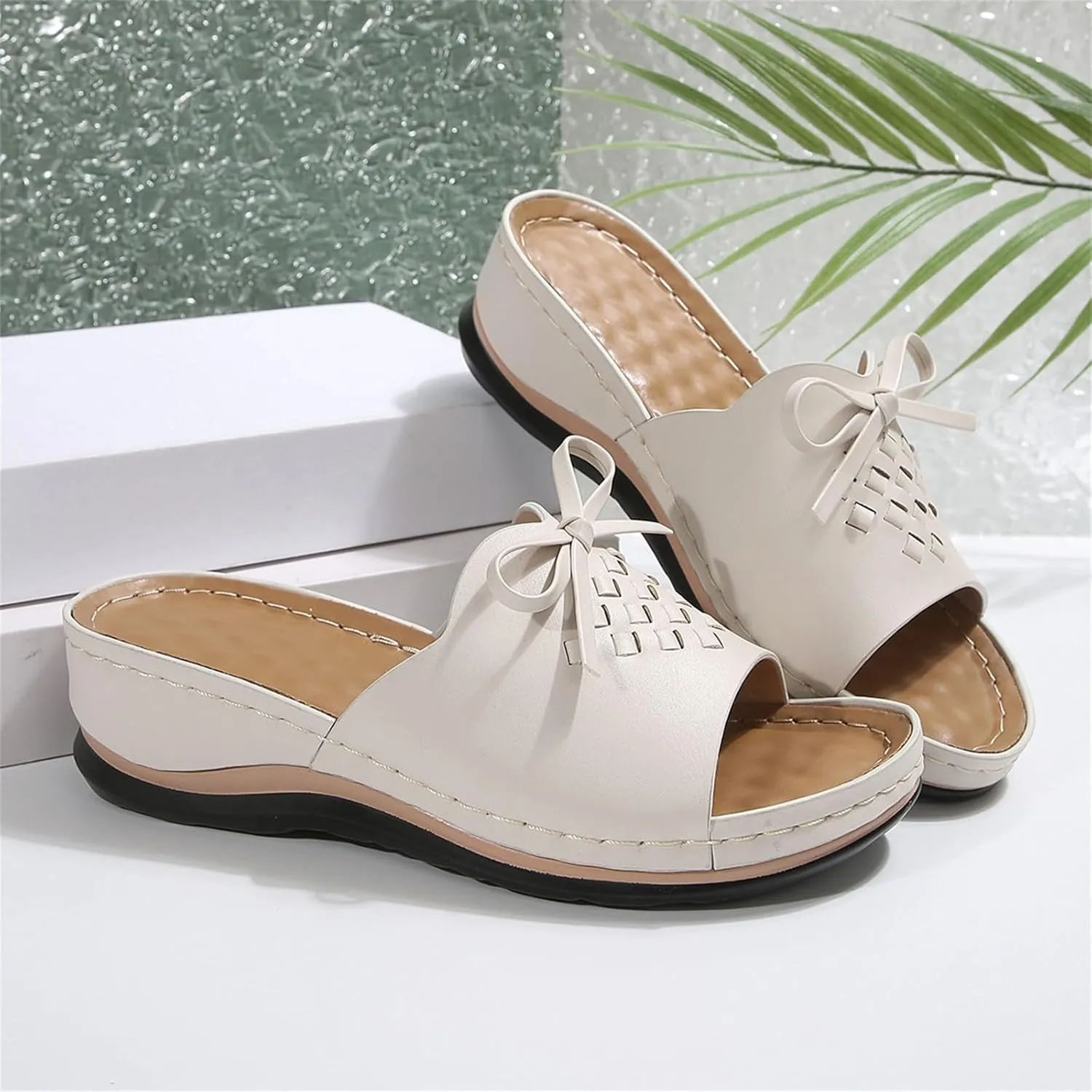 Orthopedic Sandals for Women Arch Support Open Toe Sandals Bow Decoration Anti Slip Slippers Dressy Summer Shoes for Walking Beach Footwear Low Platform Wedge Slingback Sandal