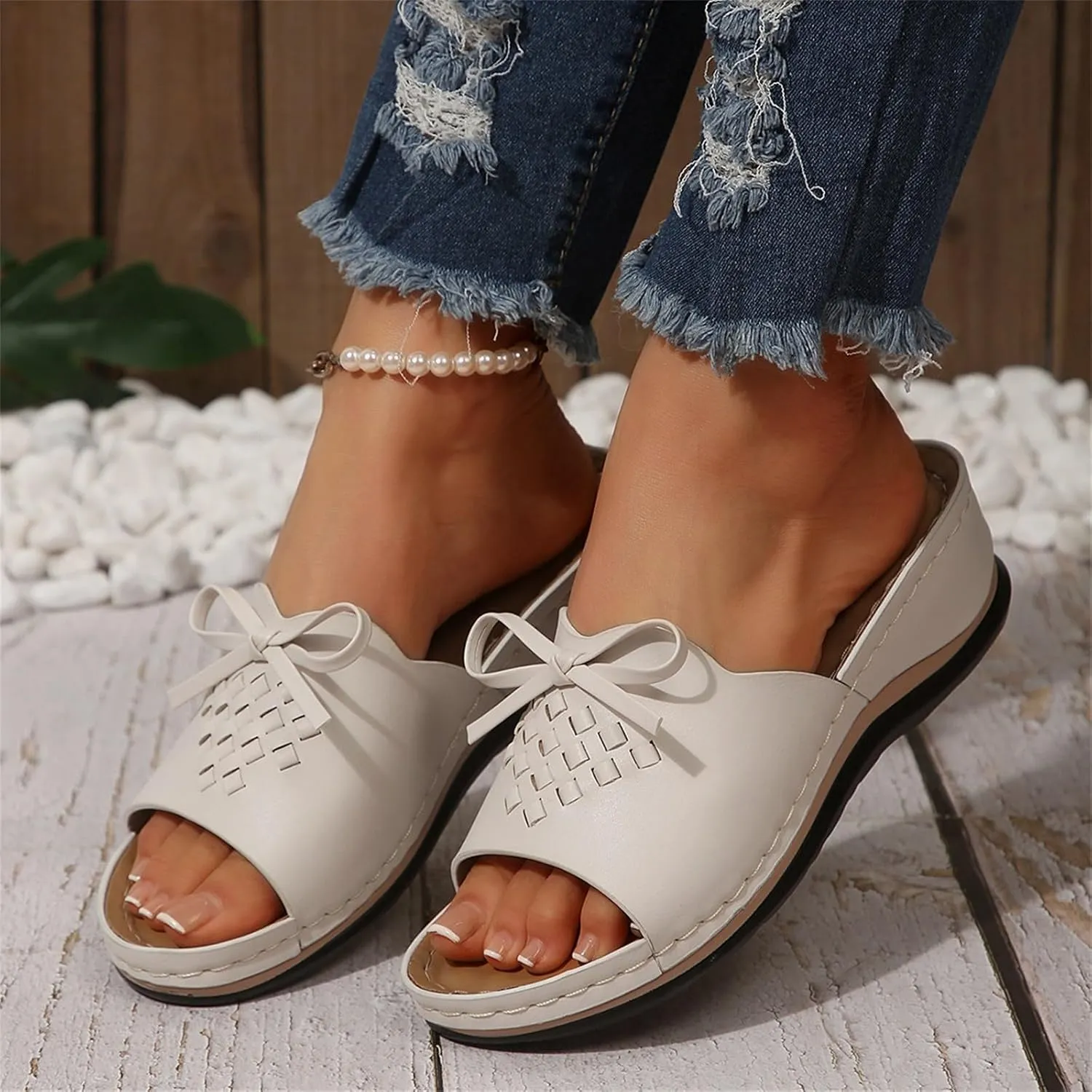 Orthopedic Sandals for Women Arch Support Open Toe Sandals Bow Decoration Anti Slip Slippers Dressy Summer Shoes for Walking Beach Footwear Low Platform Wedge Slingback Sandal