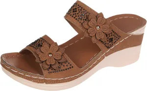 Orthopedic Sandals for Women Comfortable Platform Wedge Sandals, Summer Two Band Flower Walking Wedges Indoors or Outdoors Slide Sandal Casual Breathable Walking Shoes